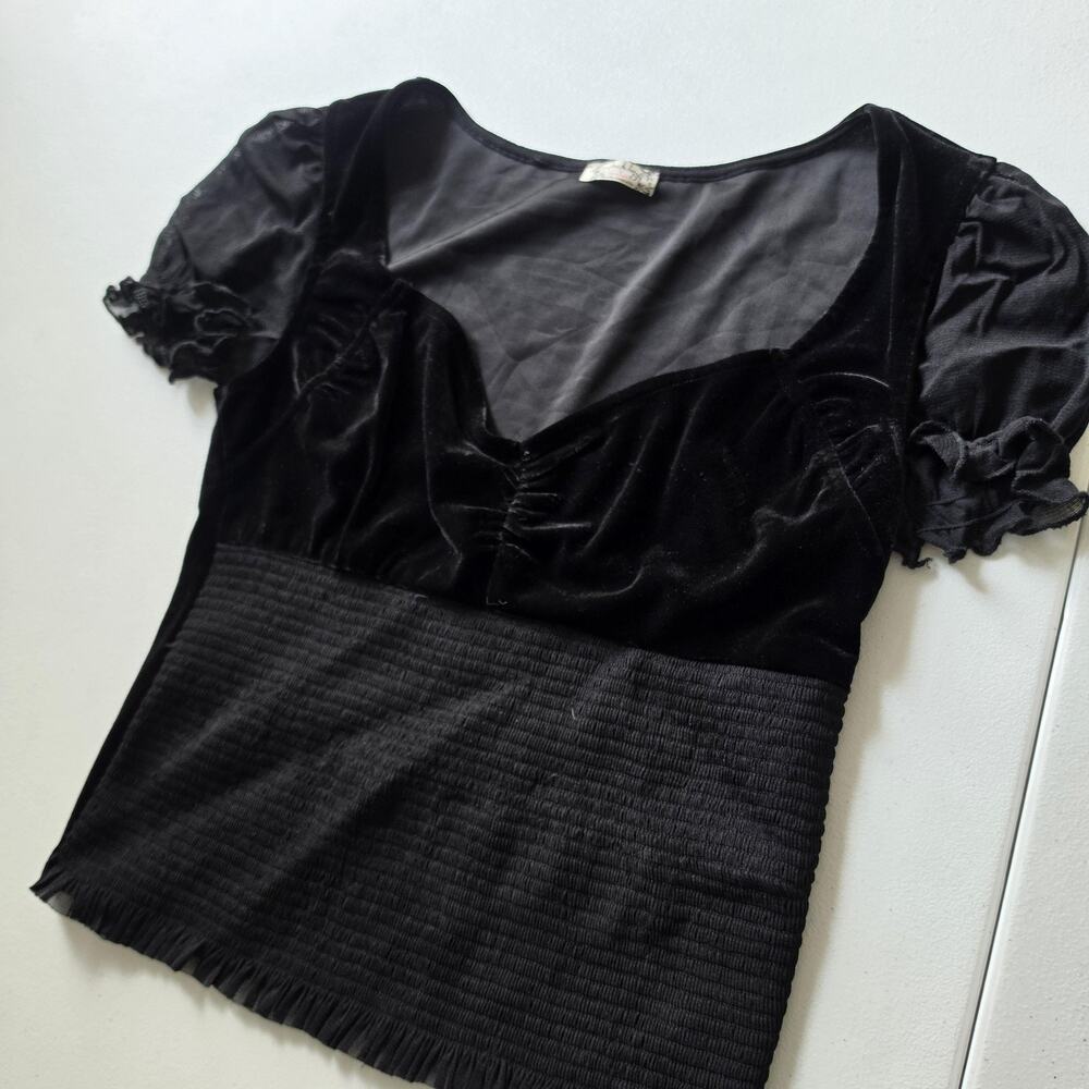 Free People Blouse Womens XS Black Velvet Puff Sleeve Smocked Top Whimsigoth
